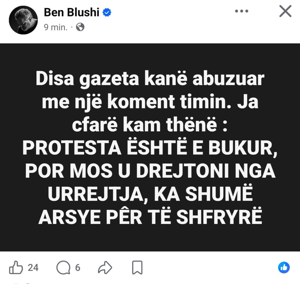 Ben Blushi thirrje protestuesve: Mos u drejtoni nga urrejtja