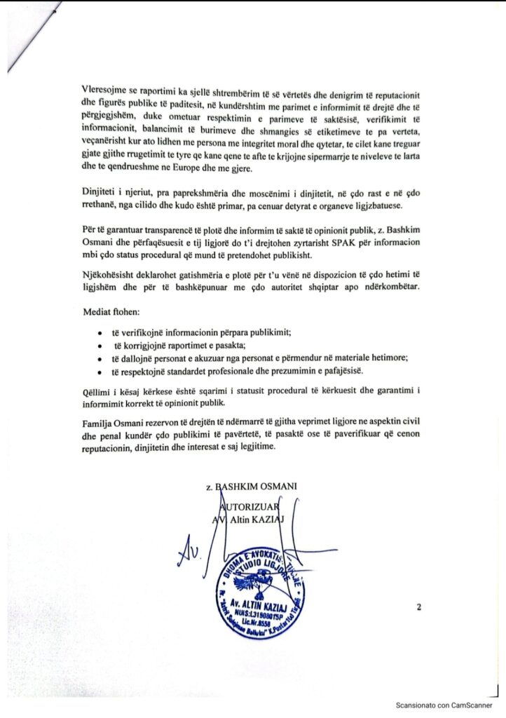 Avokati i familjes Osmani  Nuk kemi asnjë lidhje me dosjen  Aruba   as me SPAK  po dëmtohemi në imazh